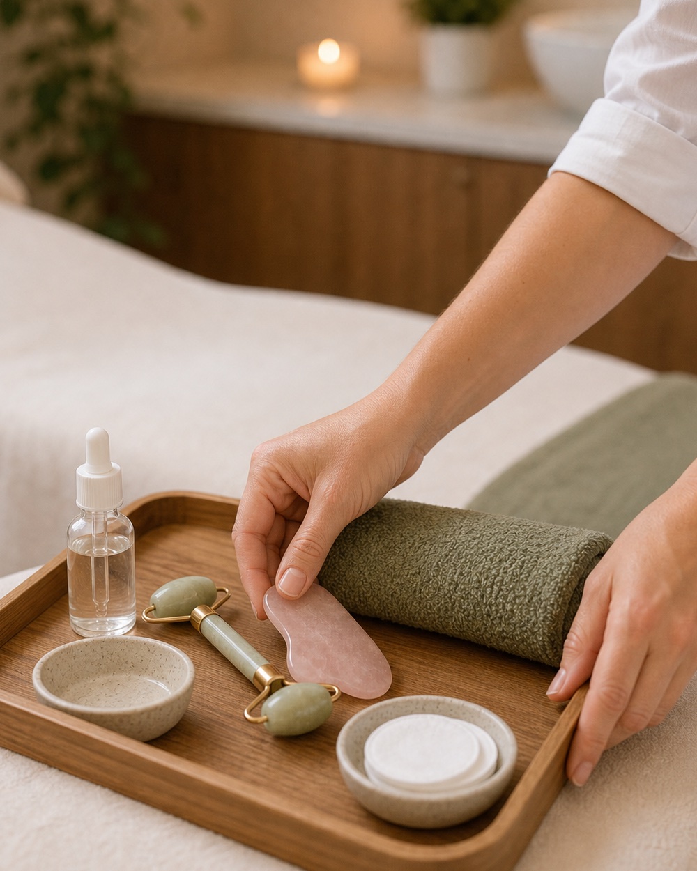 The therapist's hands arranging treatment tools on a wooden tray — jade roller, rose-quartz gua sha, oil dropper, ceramic bowl with cotton pads, rolled sage towel beside